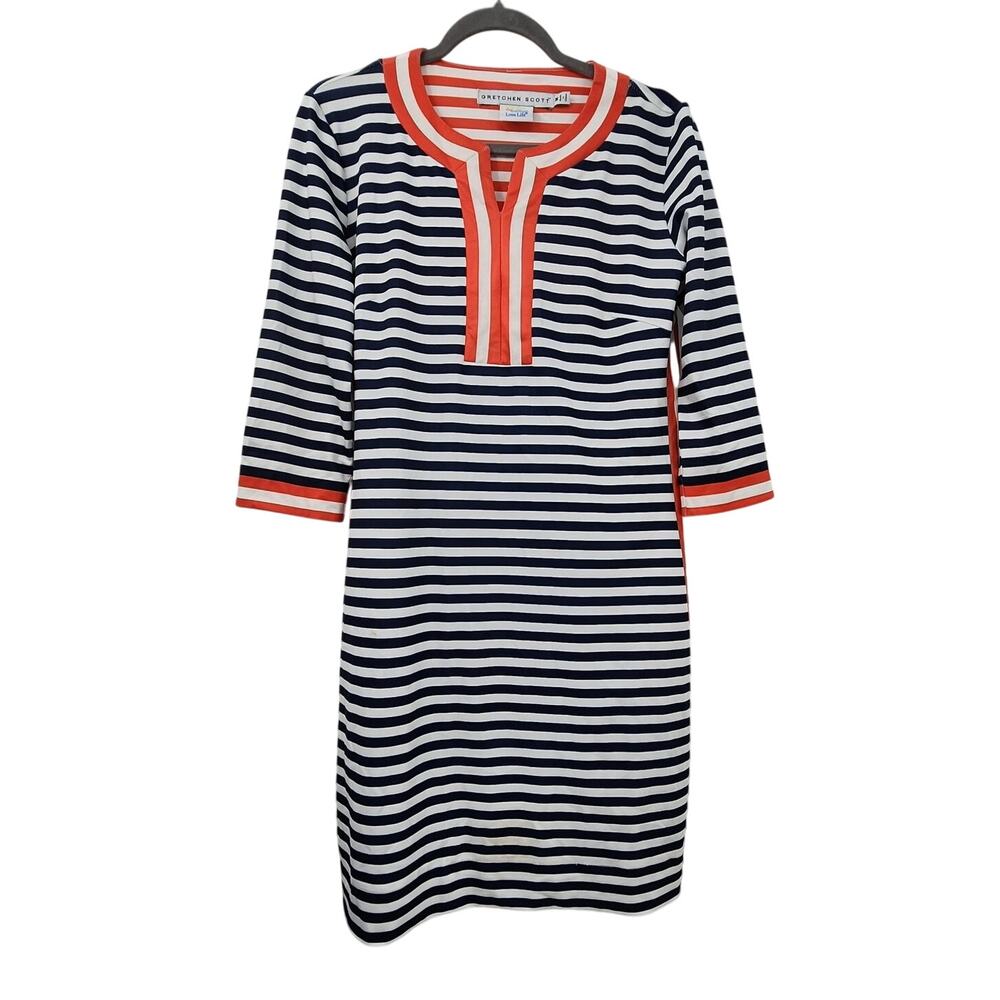 Gretchen Scott The Hinckley Split Neck Navy Blue White Dress Size Medium